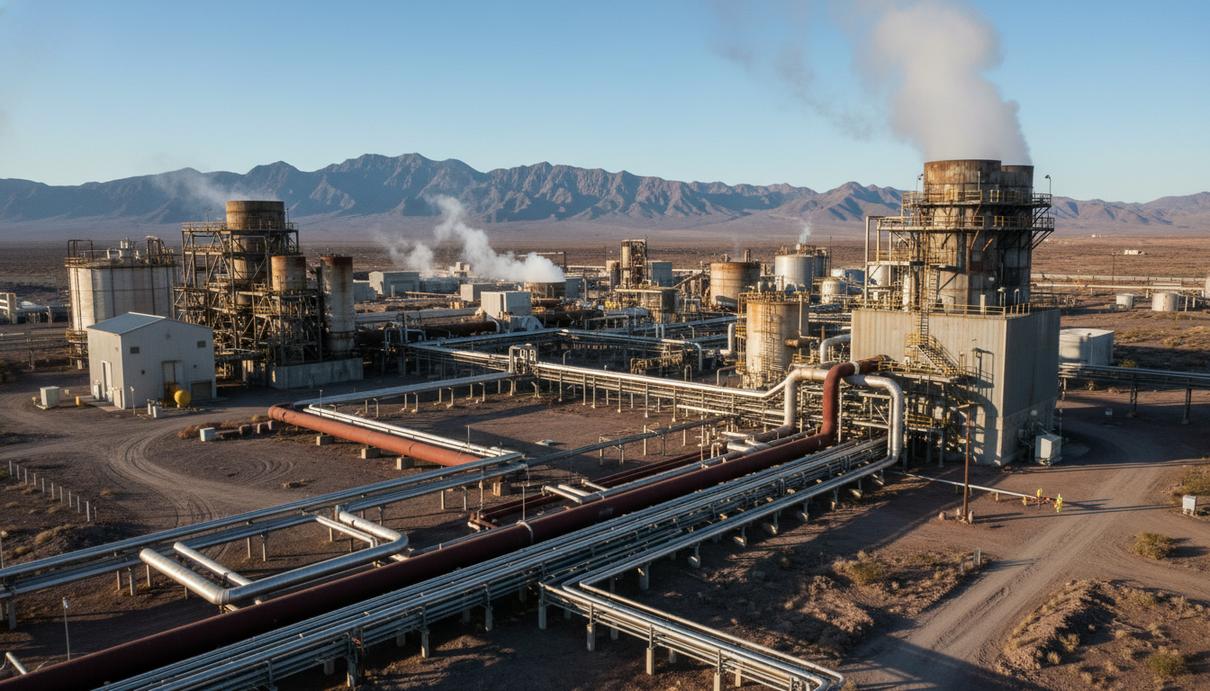 В Калифорнии построят геотермальные станции мощностью 115 МВт Промышленные конструкции и стальные трубопроводы геотермальной установки в пустыне на фоне гор