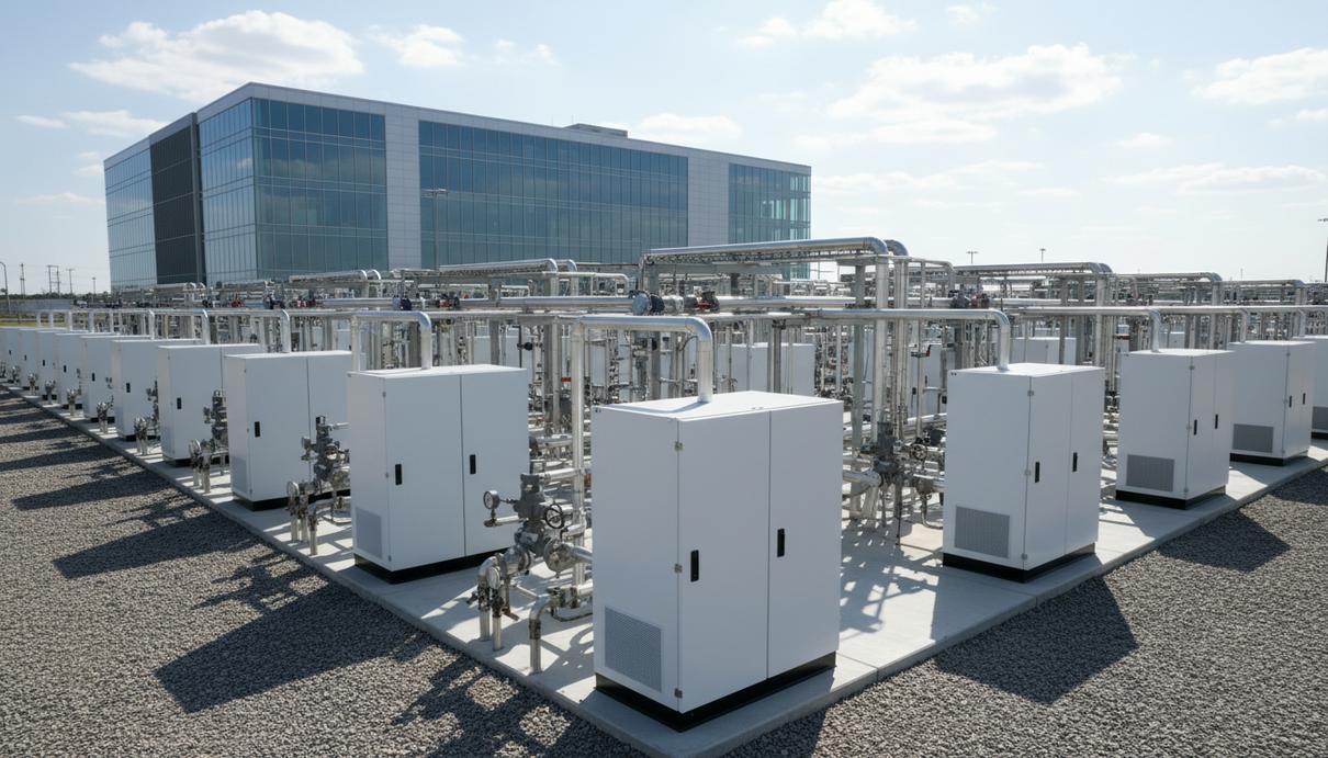 Ряды белых металлических модулей топливных элементов на открытой технологической площадке дата-центра.