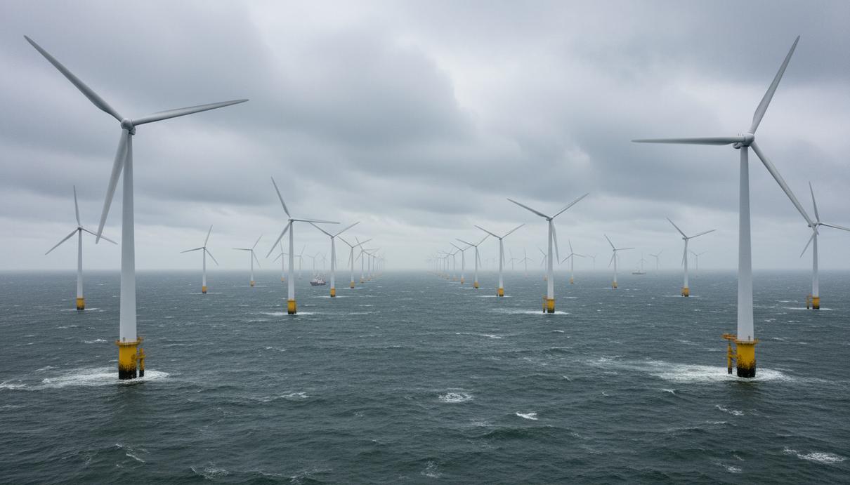 Evolve Energy законтрактовала мощности британской ВЭС Race Bank до 2035 года Ряд морских ветрогенераторов с белыми лопастями в открытом море на фоне облачного неба