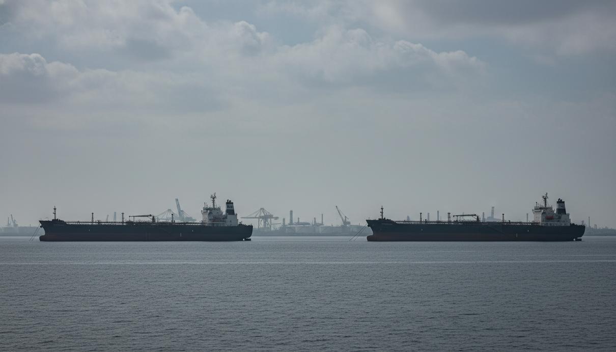Обострение конфликта на Ближнем Востоке парализовало поставки нефти Грузовые танкеры в морском проливе на фоне промышленных терминалов в дымке