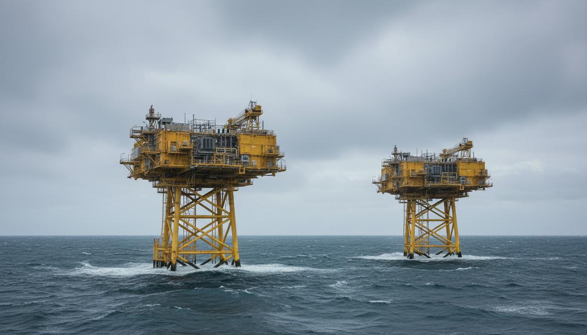 RWE установила подстанции на морской ветроэлектростанции Nordseecluster A Две желтые морские подстанции на стальных основаниях в открытом Северном море.