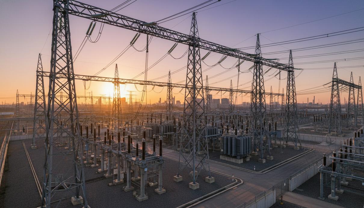 Современная высоковольтная подстанция и опоры линий электропередачи на окраине мегаполиса.