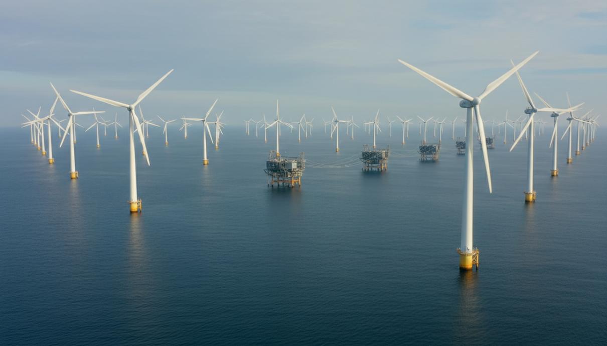 Морская ветроэлектростанция с рядами белых турбин и техническими платформами в открытом море