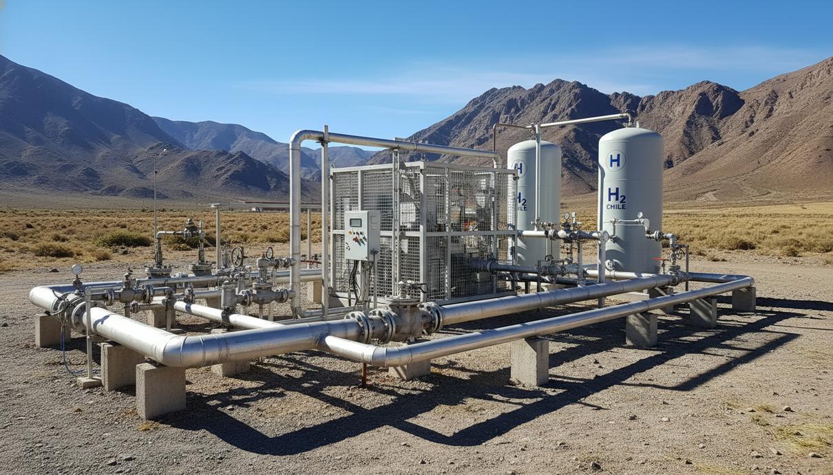 Узел впрыска водорода и стальные трубы газораспределительной станции на фоне горного пейзажа в Чили.