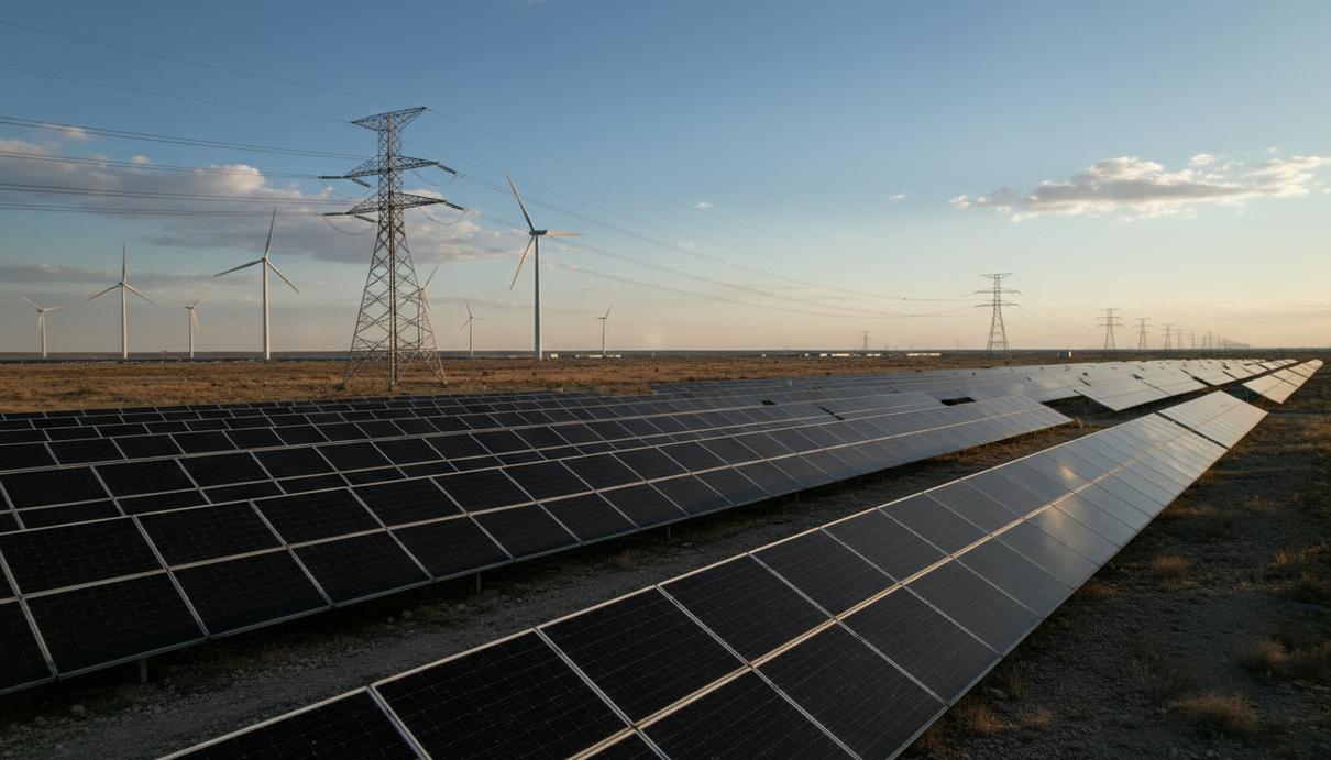 Солнечные батареи и ветрогенераторы на фоне линий электропередач на открытой местности