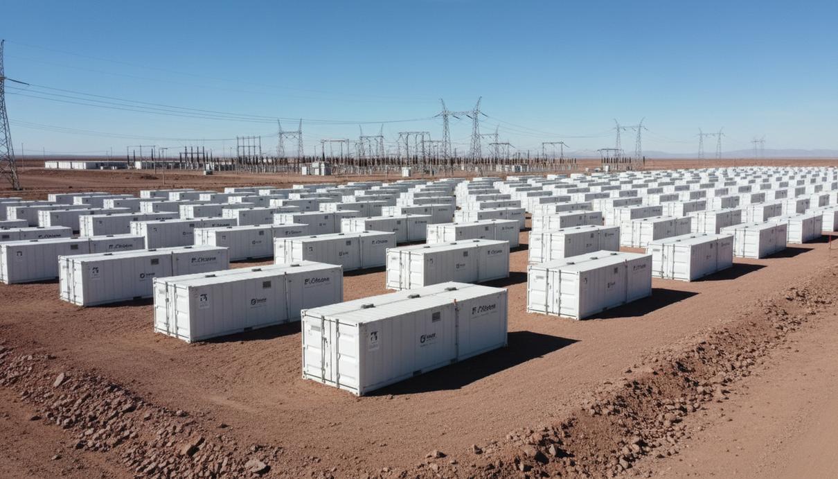 Ряды белых контейнеров промышленной системы накопления энергии на фоне пустынного пейзажа Чили.