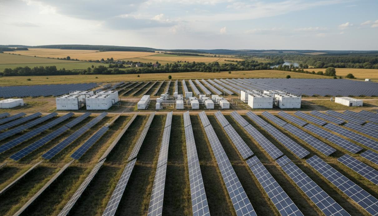 Ряды солнечных панелей и контейнерные системы хранения электроэнергии на открытой местности