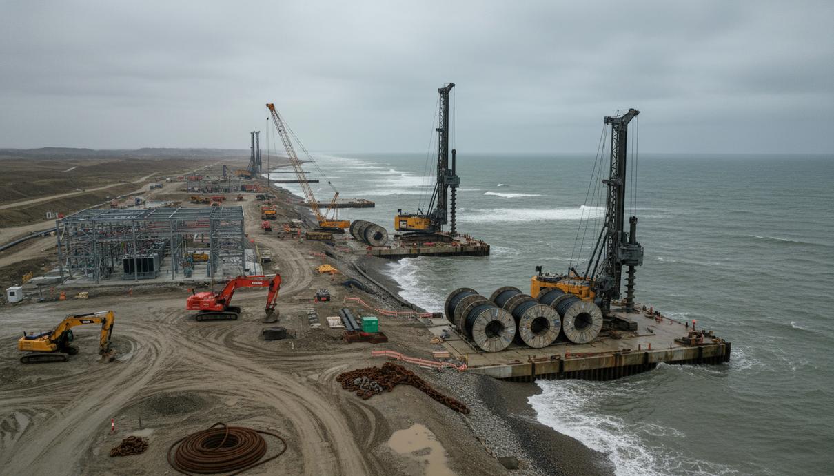 Строительная площадка на берегу моря с промышленными катушками кабеля и буровыми установками.