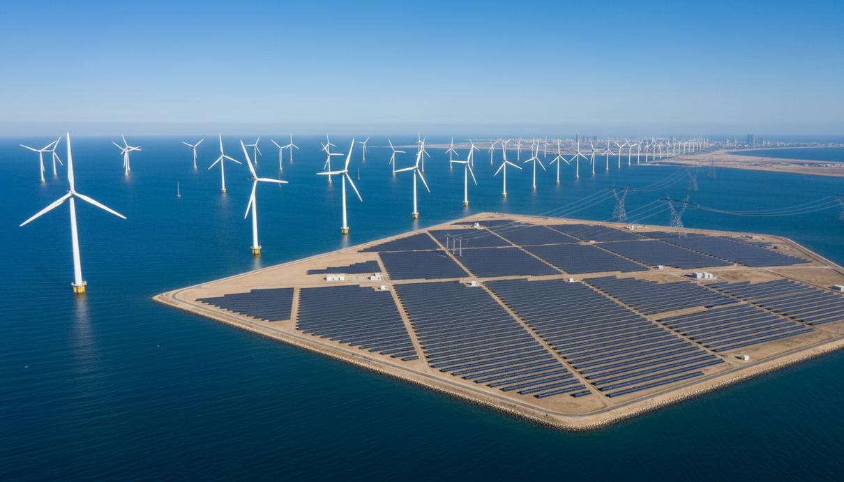 Ветровые генераторы в море и солнечные панели на побережье под ясным небом