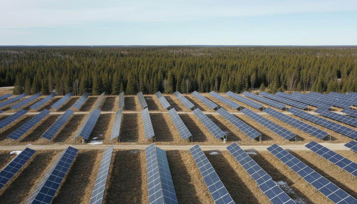 Ряды солнечных панелей на фоне хвойного леса под ясным небом