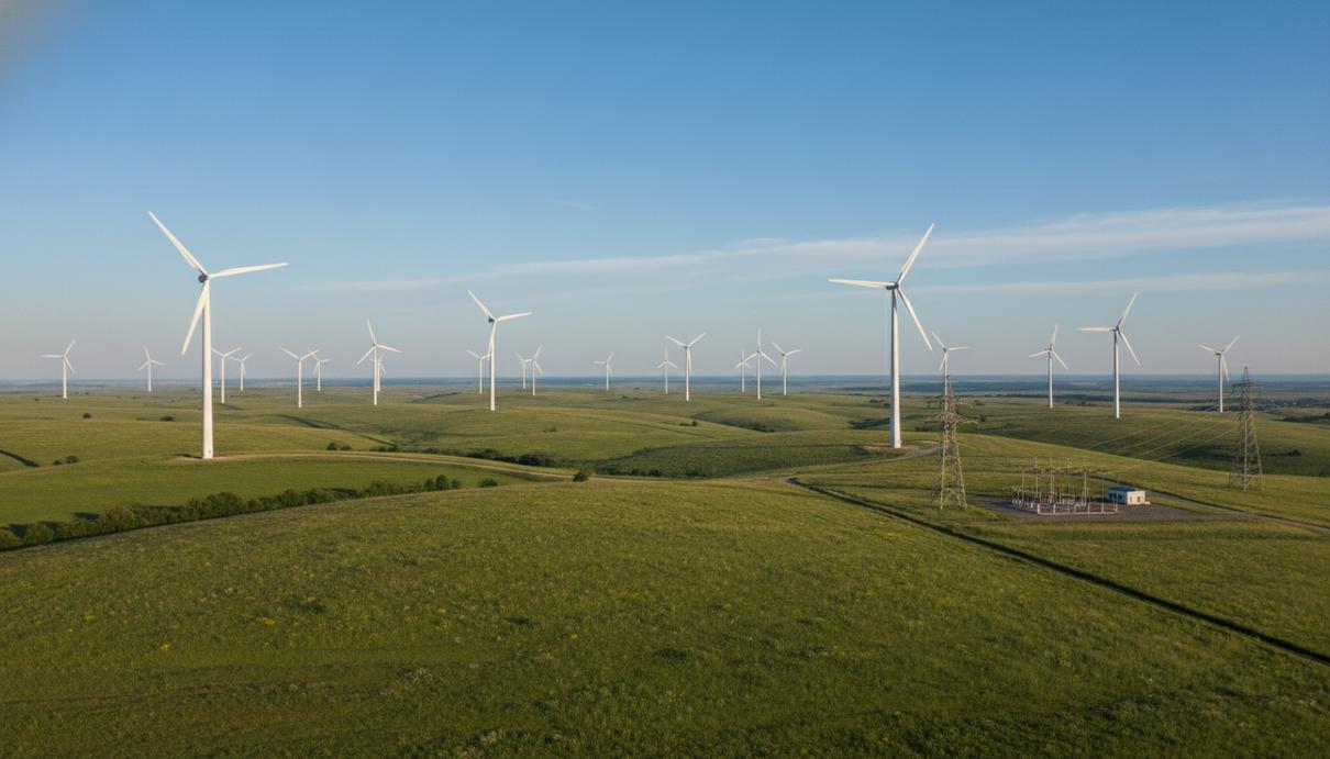 Современные белые ветряные турбины на зеленых холмах под ясным небом