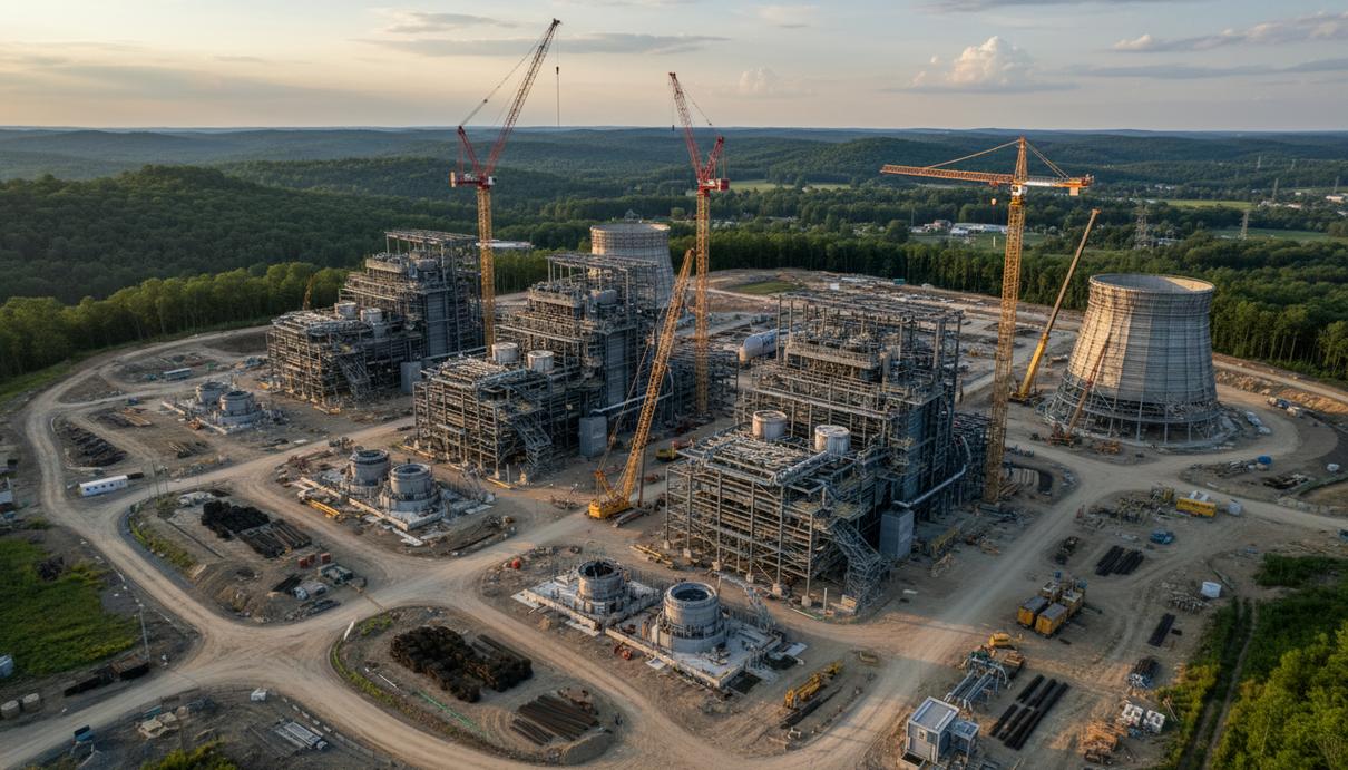 Строительная площадка газовой электростанции с кранами и металлическими конструкциями на фоне холмов.