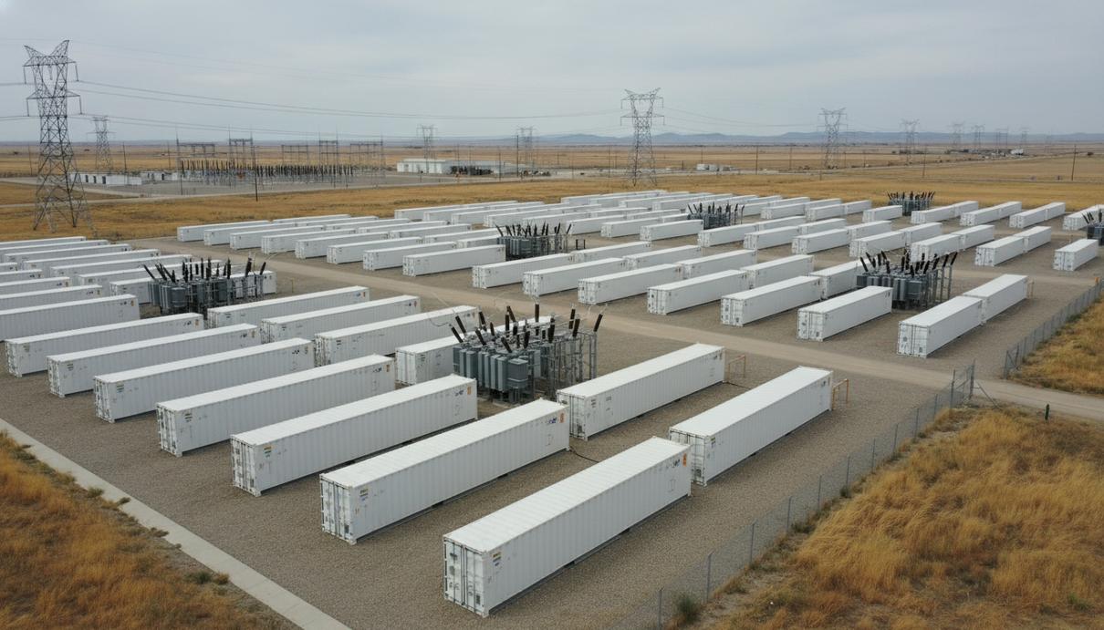 Белые промышленные контейнеры системы хранения энергии и линии электропередач на фоне поля