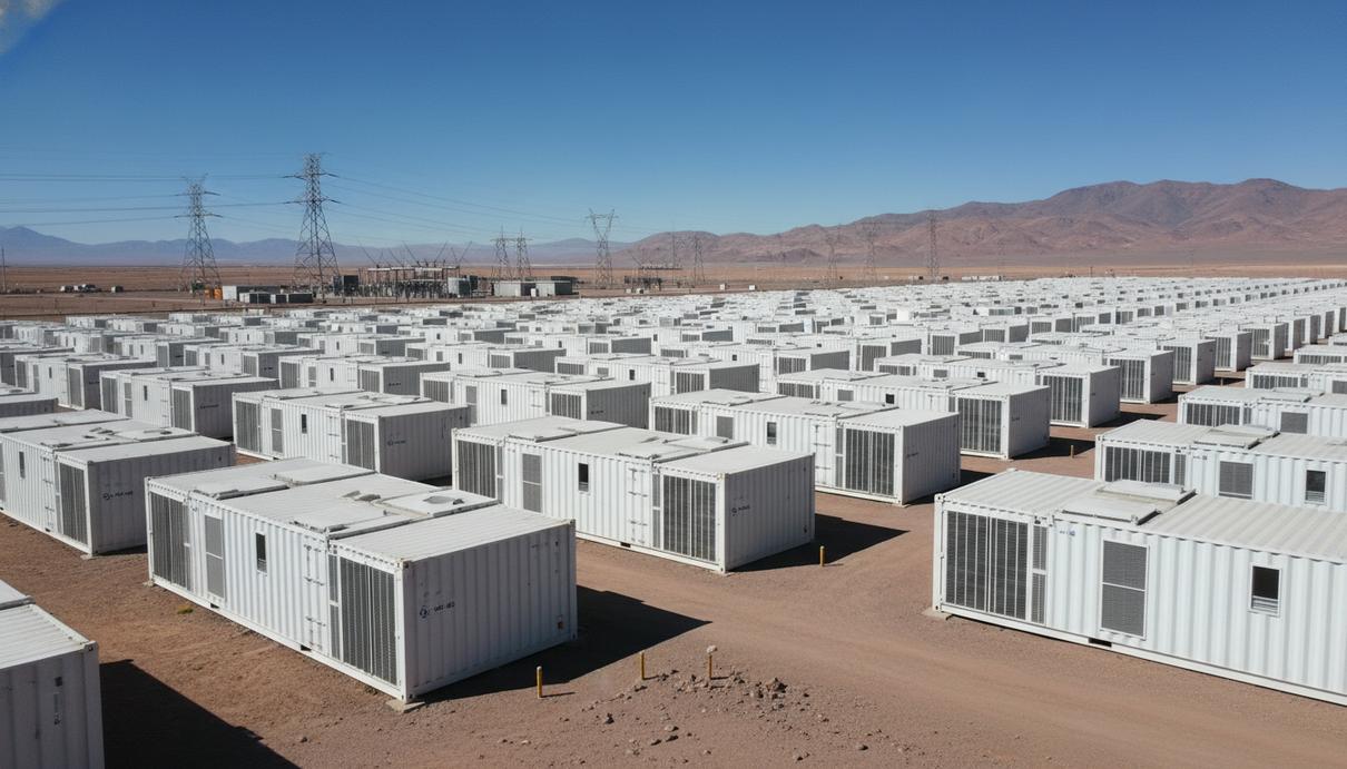 Ряды белых контейнеров промышленной системы накопления энергии в пустыне на фоне гор и опор ЛЭП.