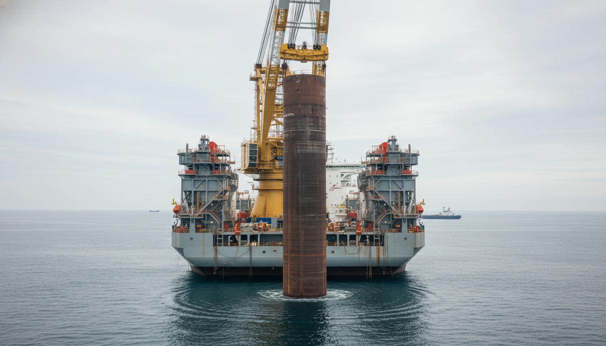 Специализированное судно устанавливает массивное стальное основание ветрогенератора в открытом море