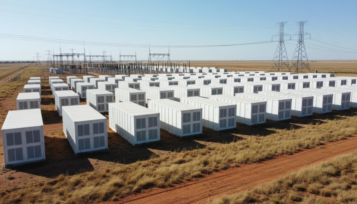 Ряды белых контейнеров системы накопления энергии и опоры ЛЭП на открытой местности в Австралии