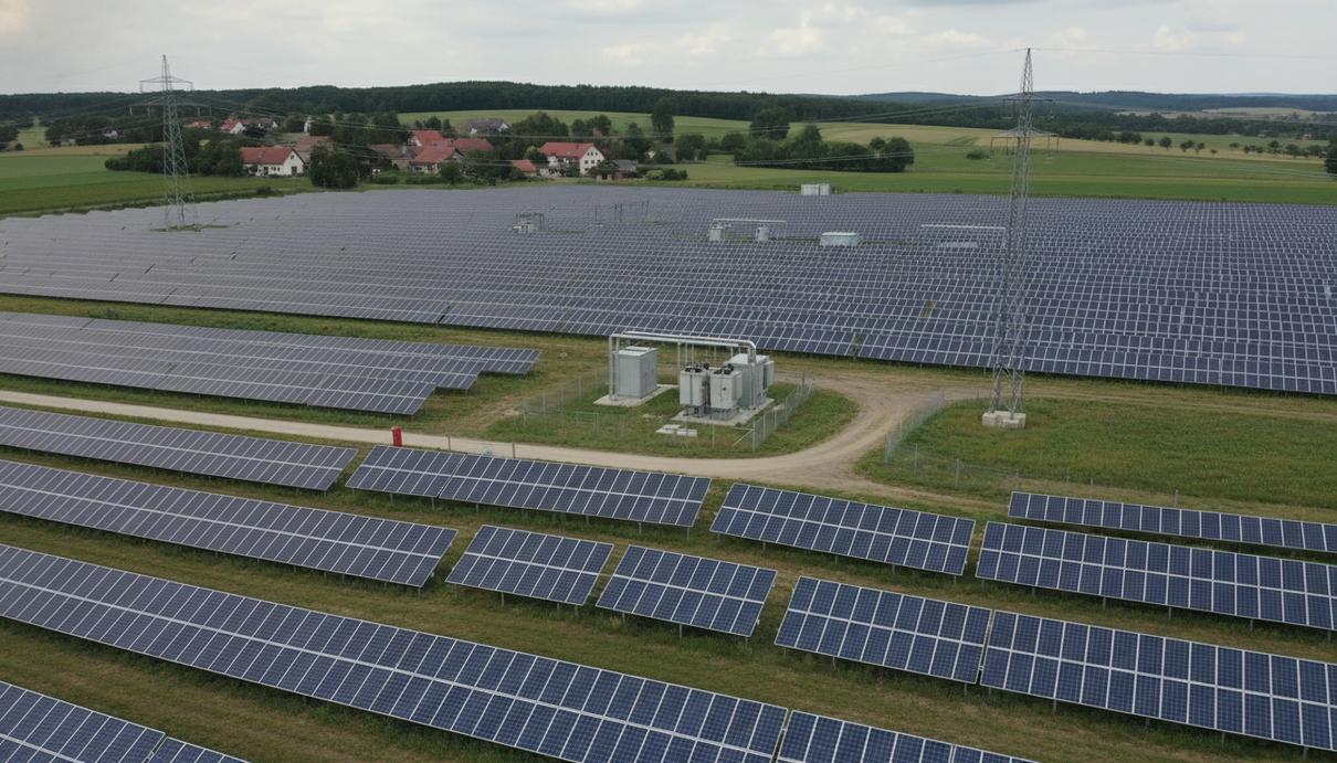 Ряды солнечных панелей крупной электростанции на открытой местности в Баварии.