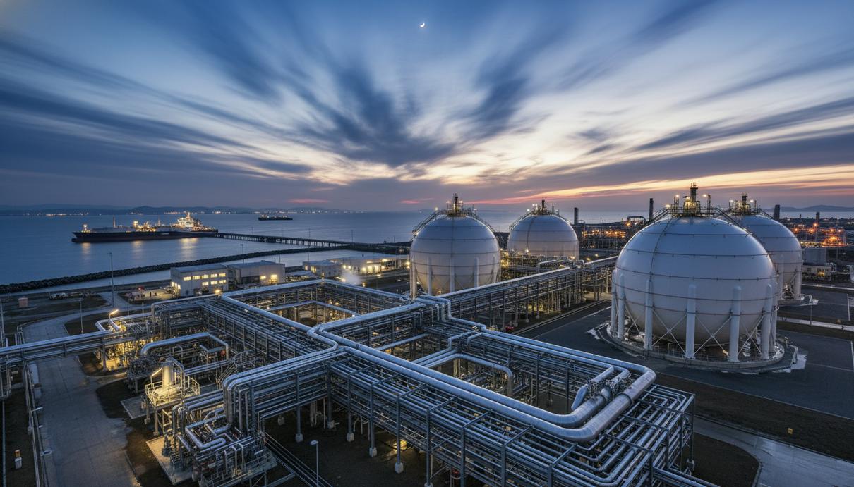 Промышленный терминал сжиженного природного газа с крупными сферическими резервуарами и системой трубопроводов