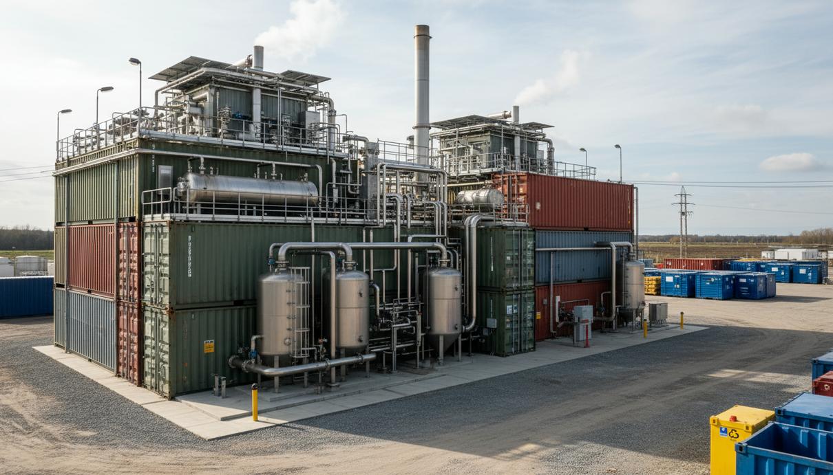 Промышленная модульная установка из металлических блоков и труб для переработки отходов в энергию