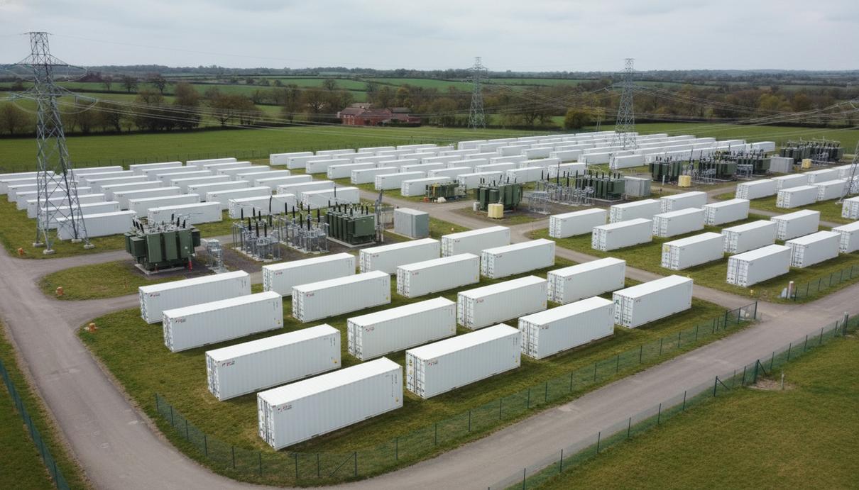 Белые блоки промышленной системы хранения электроэнергии и опоры линий электропередач на открытой местности.