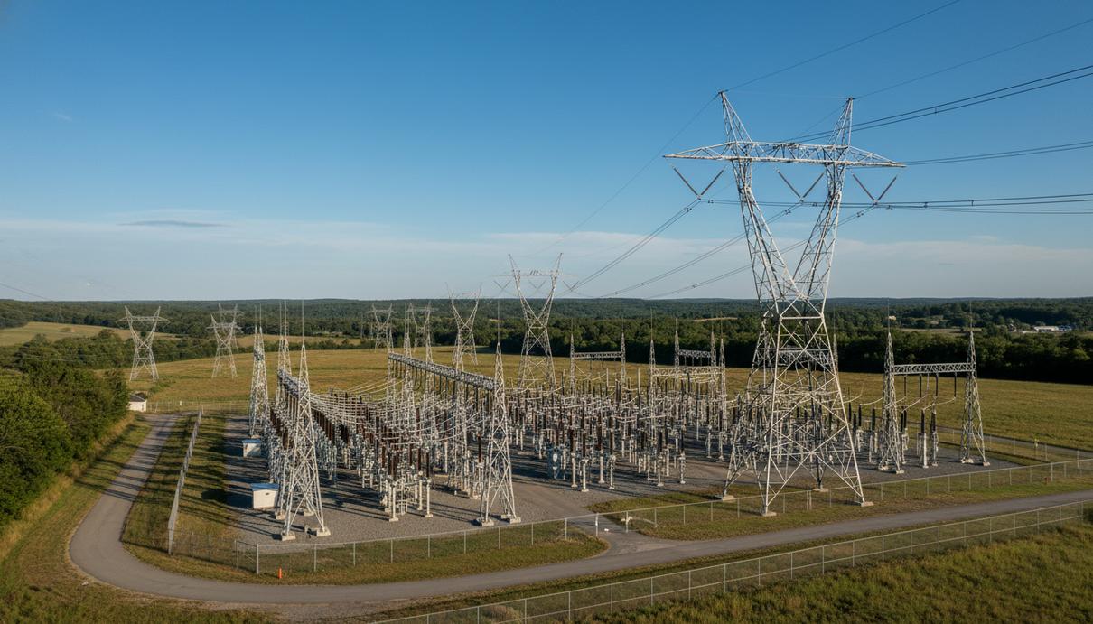 Линии электропередачи и высоковольтная подстанция на фоне холмистого ландшафта в штате Пенсильвания