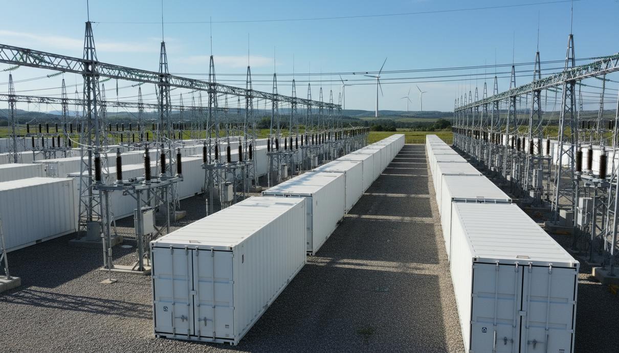 Промышленные контейнеры системы накопления электроэнергии на фоне опор линий электропередачи и ветряных турбин.
