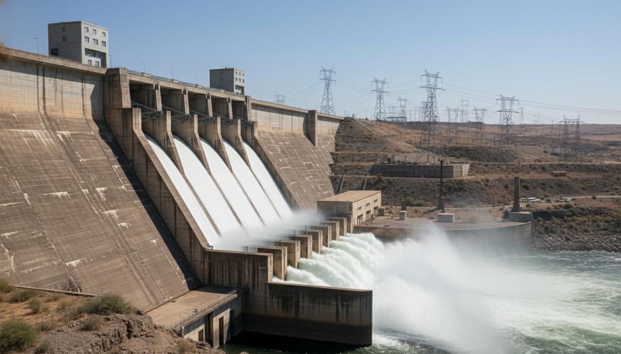 Массивная бетонная плотина гидроэлектростанции с потоками воды через водосброс и линиями электропередачи на фоне неба