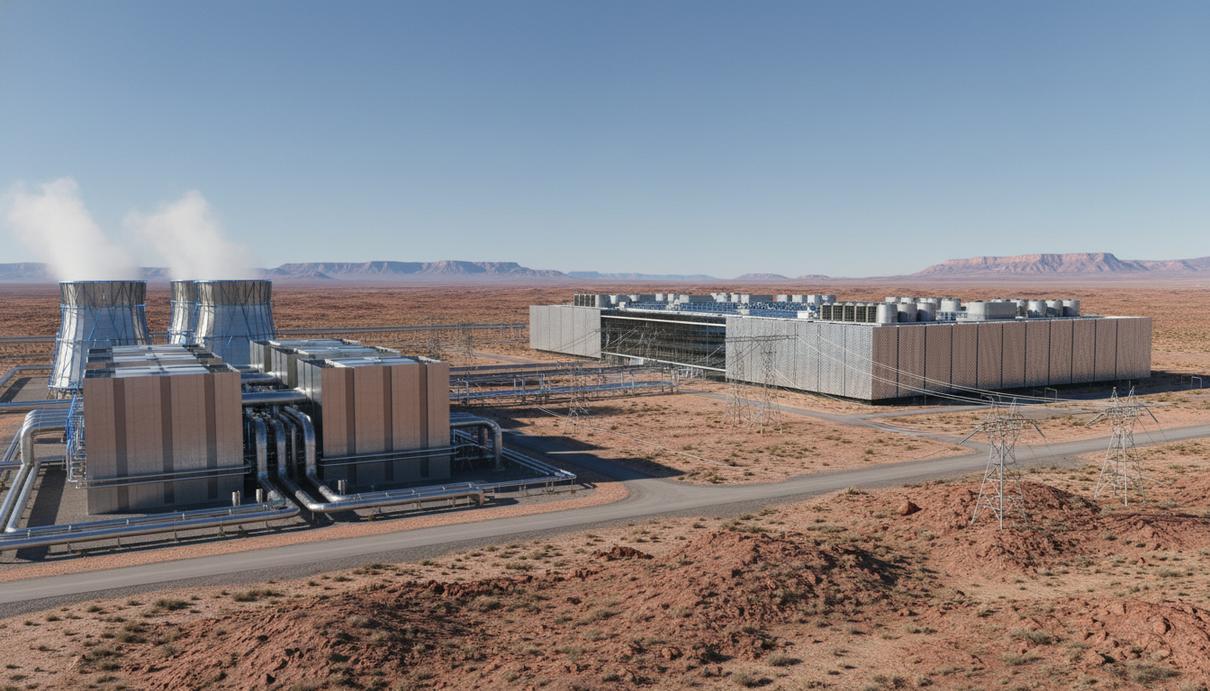 Современное промышленное здание ядерного реактора и центр обработки данных в пустыне Нью-Мексико.