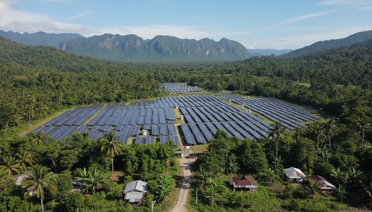 Ряды солнечных панелей на открытой местности на фоне гор и тропической растительности