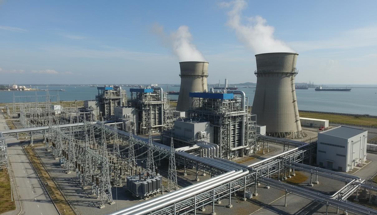 Современная парогазовая электростанция с дымовыми трубами и промышленными корпусами на фоне ясного неба