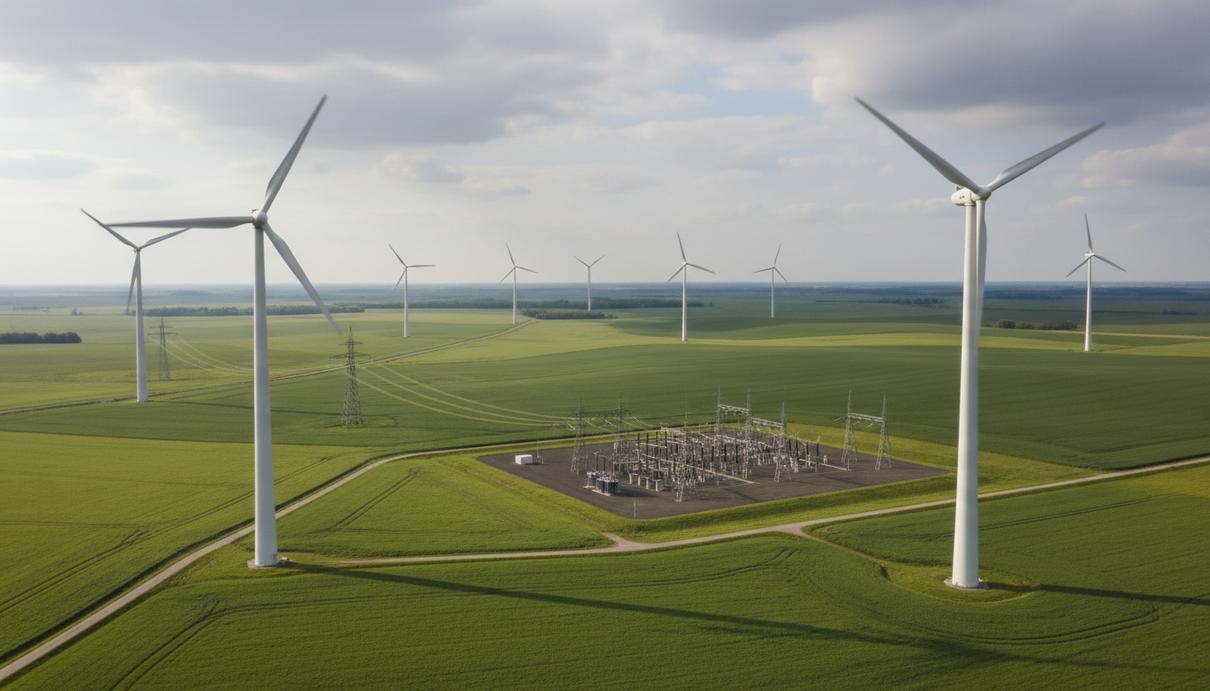 Enercon поставит 25 ветроустановок мощностью 175 МВт для проекта в Германии Современные ветрогенераторы на зеленом поле в Германии на фоне облачного неба и распределительной подстанции