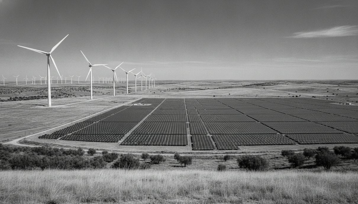 Поле с ветряными турбинами и солнечными панелями на фоне холмистого пейзажа в Испании.