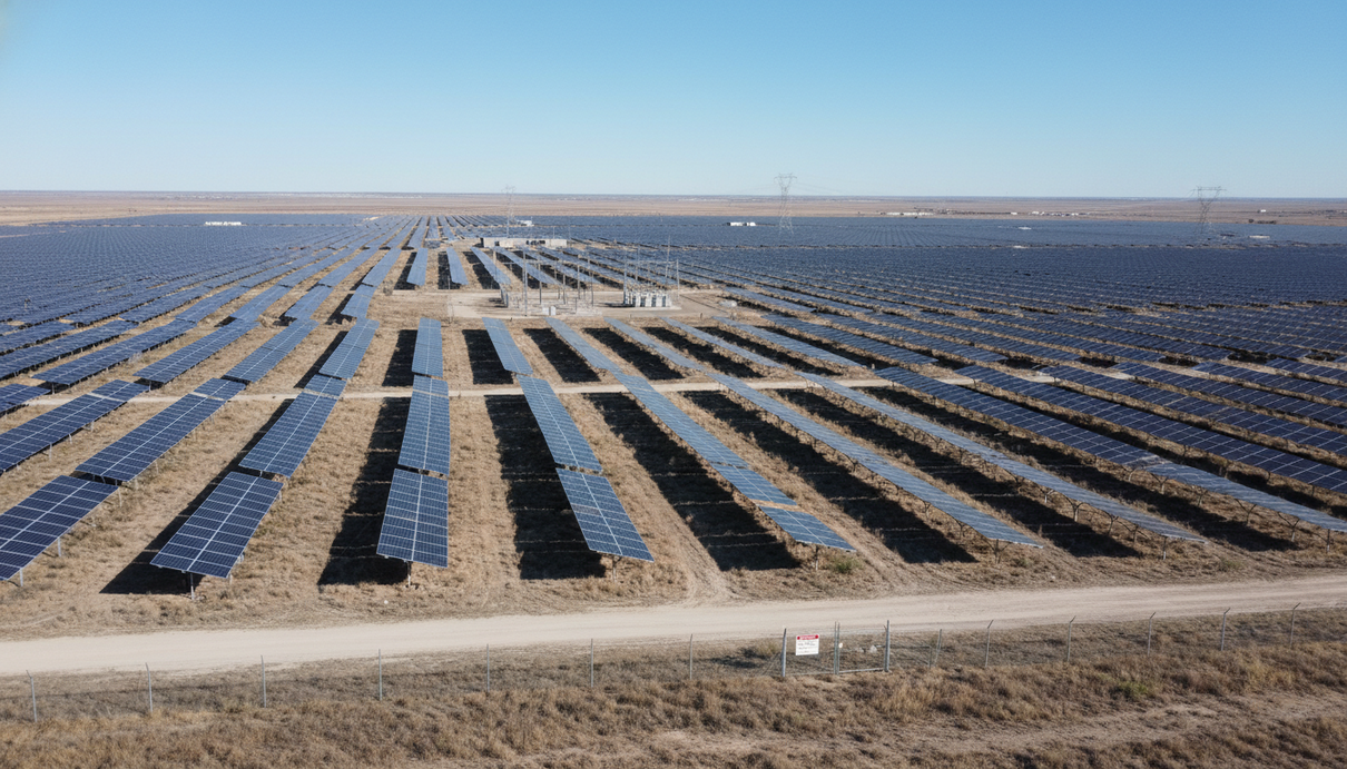 MN8 Energy запустила в США две СЭС на 260 МВт для Microsoft Промышленная солнечная электростанция: ряды фотоэлектрических панелей в поле под ясным небом.