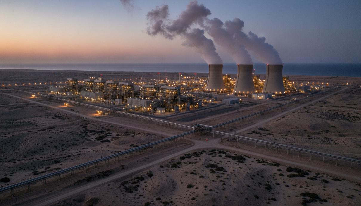 Siemens Energy оснастит новую газовую ТЭС мощностью 2,6 ГВт в Абу-Даби Современная газовая электростанция с освещёнными корпусами и градирнями на фоне вечернего неба в пустынной прибрежной зоне.