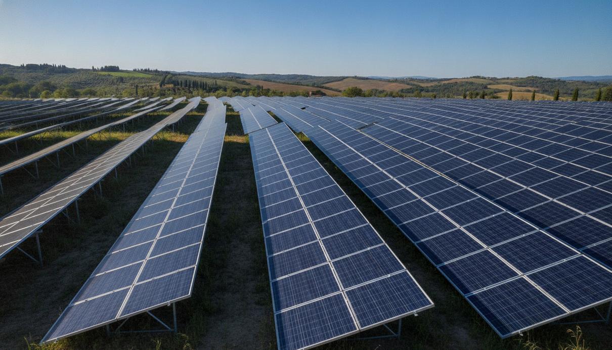 Qualitas Energy привлекла €172 млн на строительство СЭС в Италии Ряды солнечных панелей новой электростанции на фоне холмистого пейзажа в Италии.