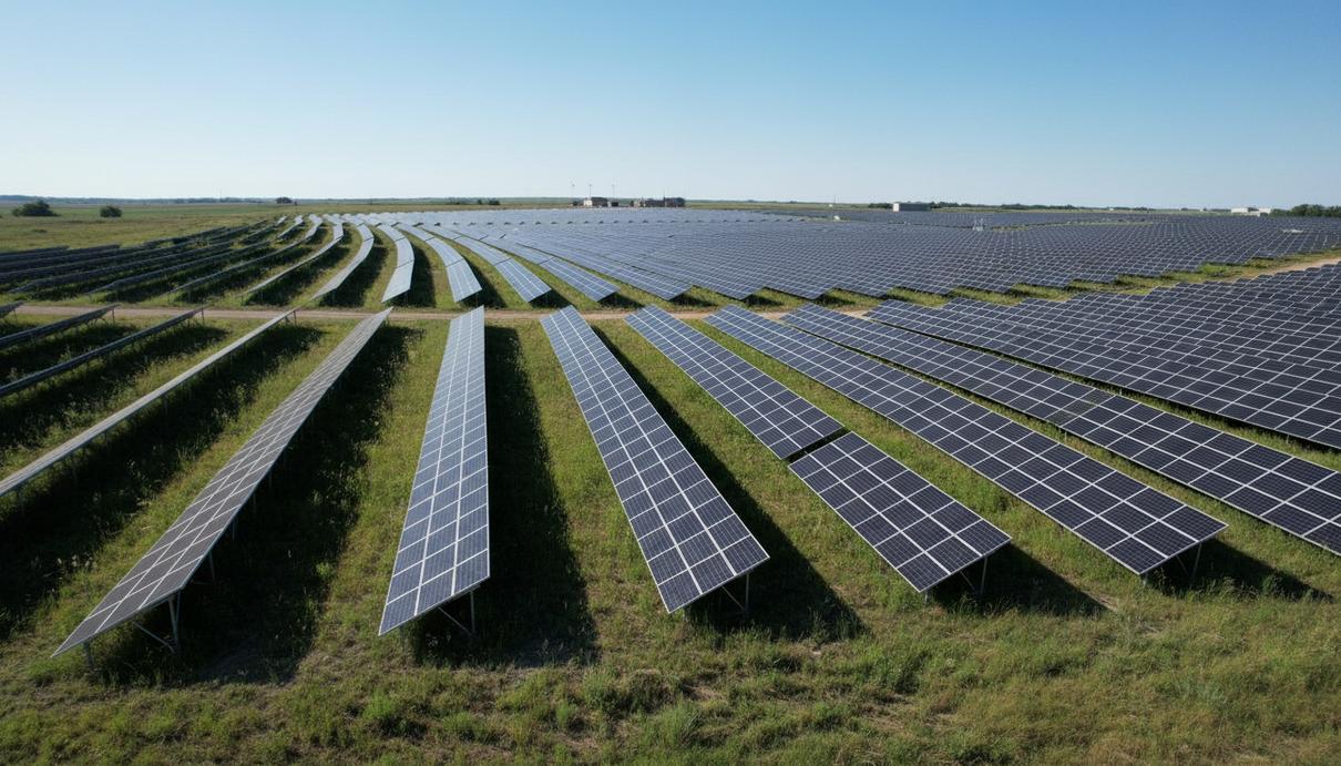 Sol Systems привлекла $355 млн на солнечные проекты в Иллинойсе Солнечные панели на электростанции Peoria в штате Иллинойс. Поле с фотоэлементами, уходящее за горизонт, на фоне голубого неба.