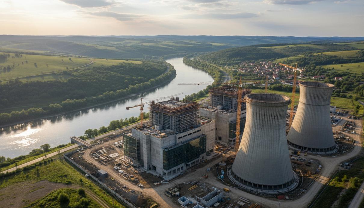 Строительная площадка новой атомной электростанции на фоне холмистого пейзажа и реки Дунай в Сербии на рассвете.