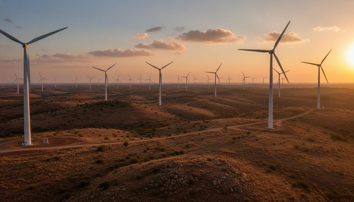 Suzlon построит ветропарк на 201,6 МВт для Waaree Group в Индии Ряды ветрогенераторов на фоне холмистой местности в индийском штате Андхра-Прадеш на рассвете.