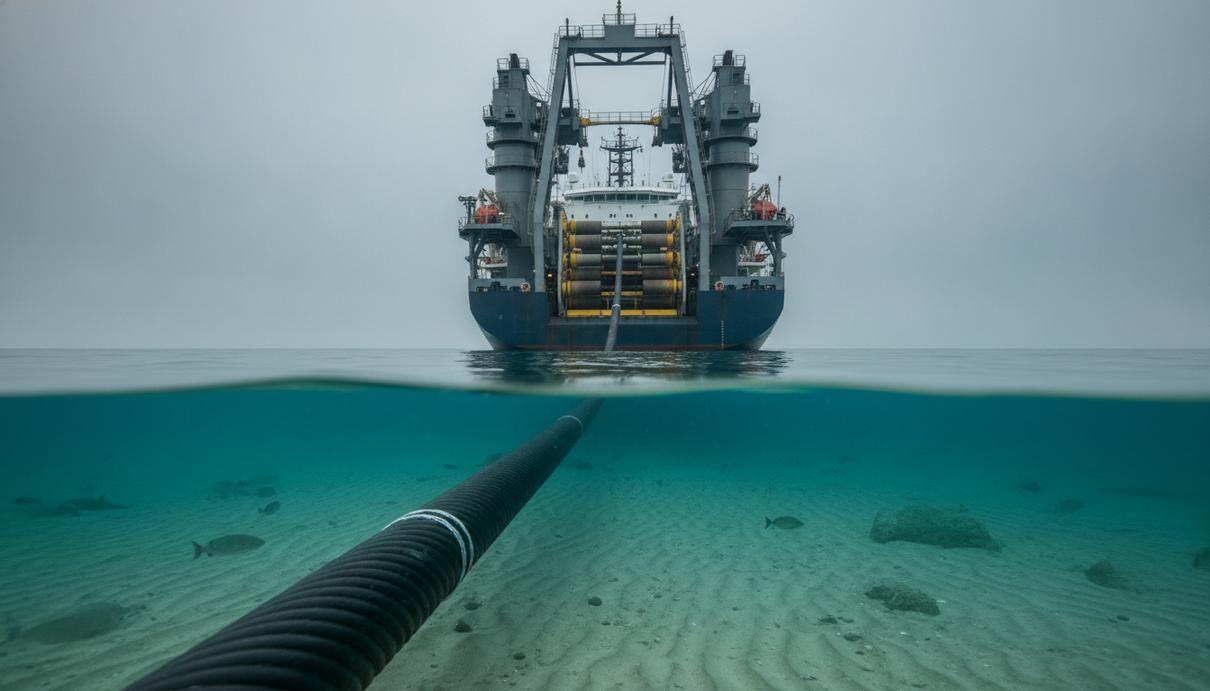 Специализированное судно прокладывает по дну Северного моря подводный силовой кабель высокого напряжения.