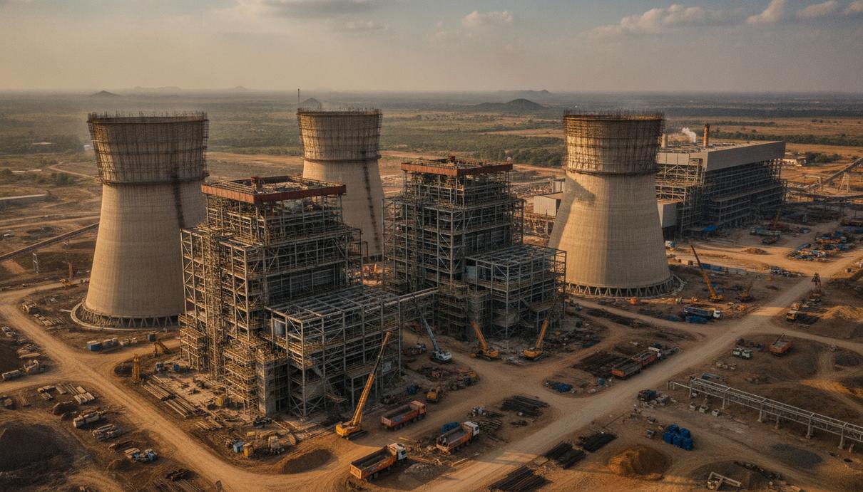 L&T построит в Индии угольную ТЭС для NTPC за 100–150 млрд рупий Крупный план строящейся угольной теплоэлектростанции: промышленные корпуса, металлические конструкции и трубы на фоне неба.