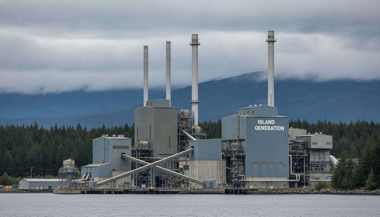 BC Hydro покупает газовую ТЭС для стабильности энергосистемы Промышленный вид газовой электростанции Island Generation в Канаде: здания, трубы и технологическое оборудование на фоне канадского пейзажа.