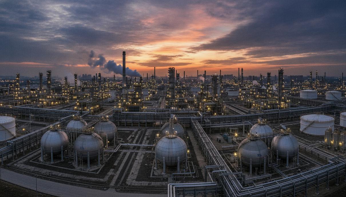 Крупный современный нефтеперерабатывающий завод в Китае на закате, комплекс труб, резервуаров и промышленных огней.