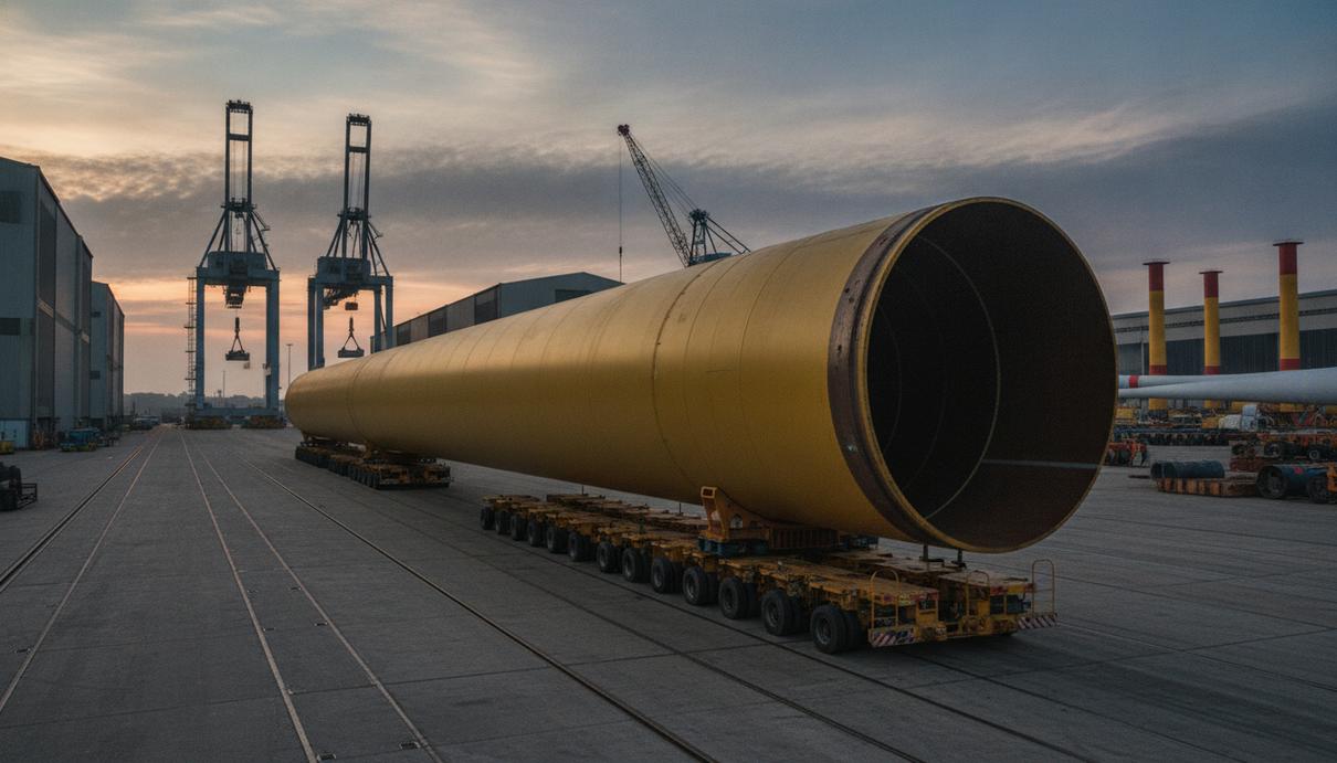 Огромная монополия жёлтого цвета для морской ветротурбины на транспортной платформе в порту Бильбао на фоне промышленных зданий.