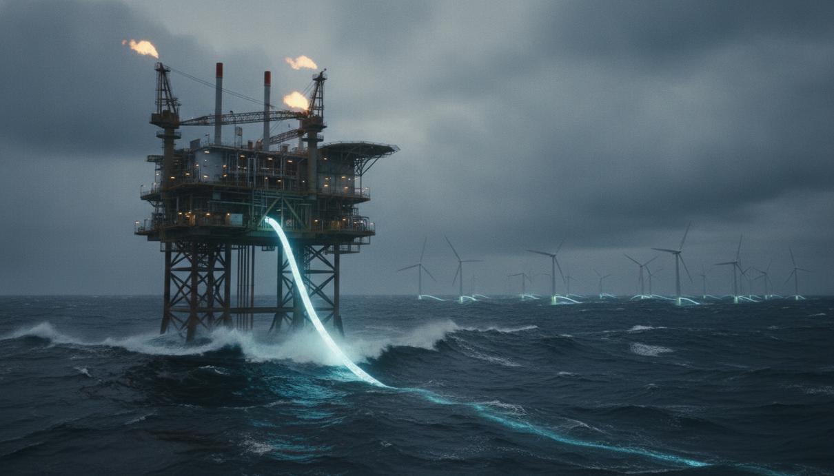 Морская нефтегазовая платформа в штормовом море, соединенная подводным силовым кабелем с плавучей ветряной электростанцией на горизонте.