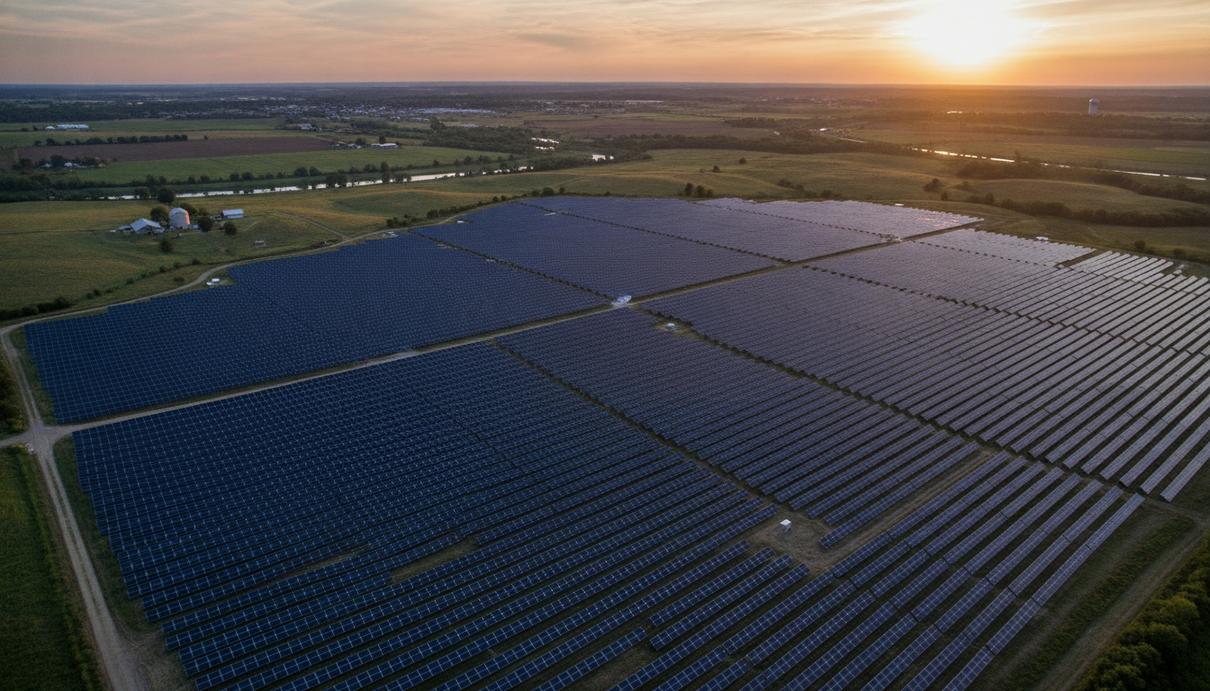 Dimension Energy привлекла $857 млн на солнечные проекты в США Солнечная электростанция с рядами фотоэлектрических панелей в сельской местности на рассвете.