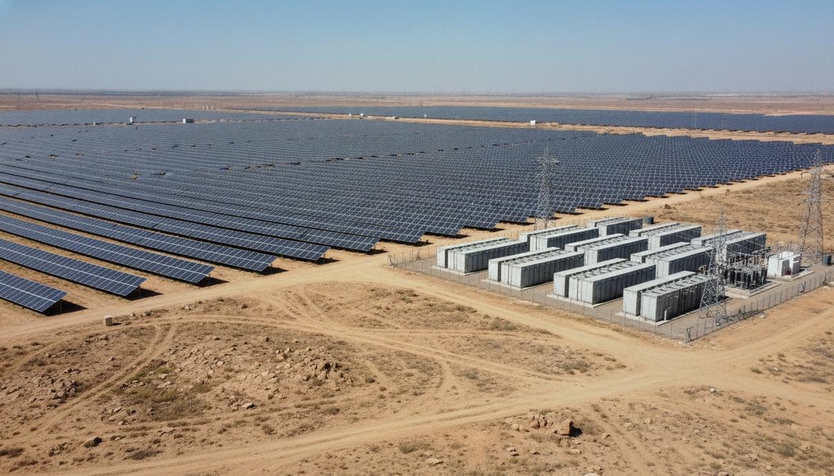ACME Solar привлекла $164 млн на СЭС с накопителем в Раджастхане Солнечные панели на электростанции в пустынном ландшафте. Рядом – контейнерный комплекс систем накопления энергии.