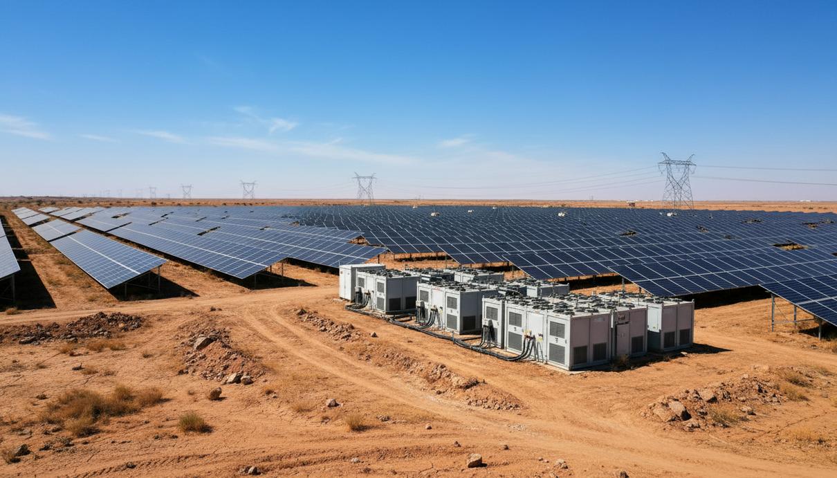 Масштабная солнечная электростанция с рядами панелей и промышленными аккумуляторами на фоне засушливого пейзажа.