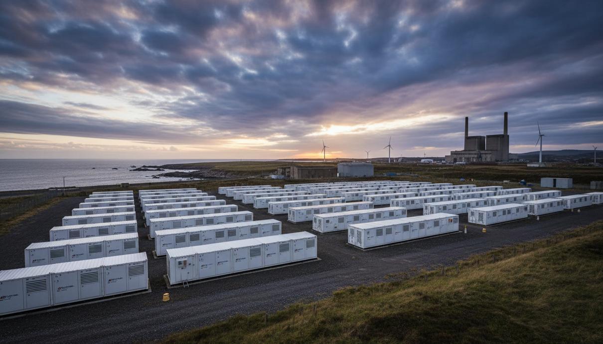 Ряды контейнеров промышленной системы накопления энергии на фоне неба в индустриальном районе Шотландии.