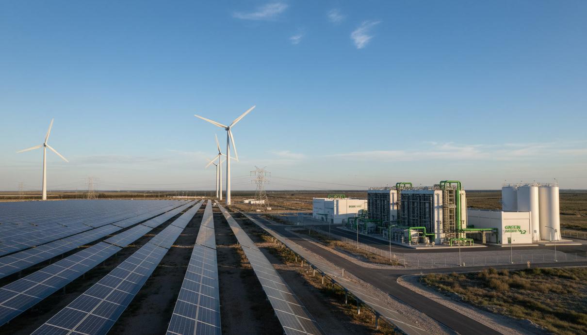 Statkraft продала все водородные активы в Великобритании Современная установка по производству зелёного водорода с электролизерами на фоне поля с солнечными панелями и ветряными турбинами.