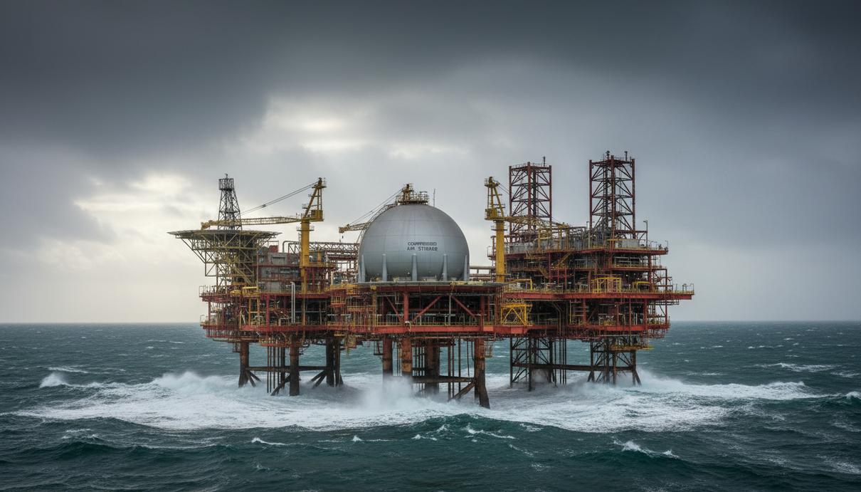 Морская платформа для хранения энергии в Ирландском море с промышленными сооружениями и трубопроводами под пасмурным небом.